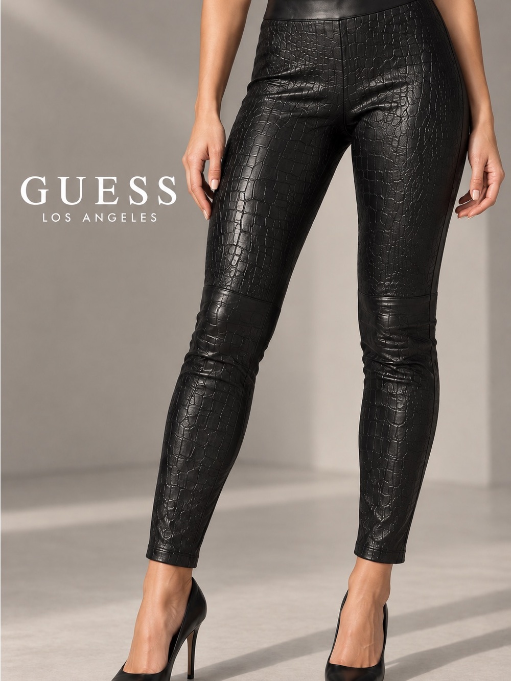 Guess Los Angeles Black Leather Crocodile Embossed Skinny Pants M